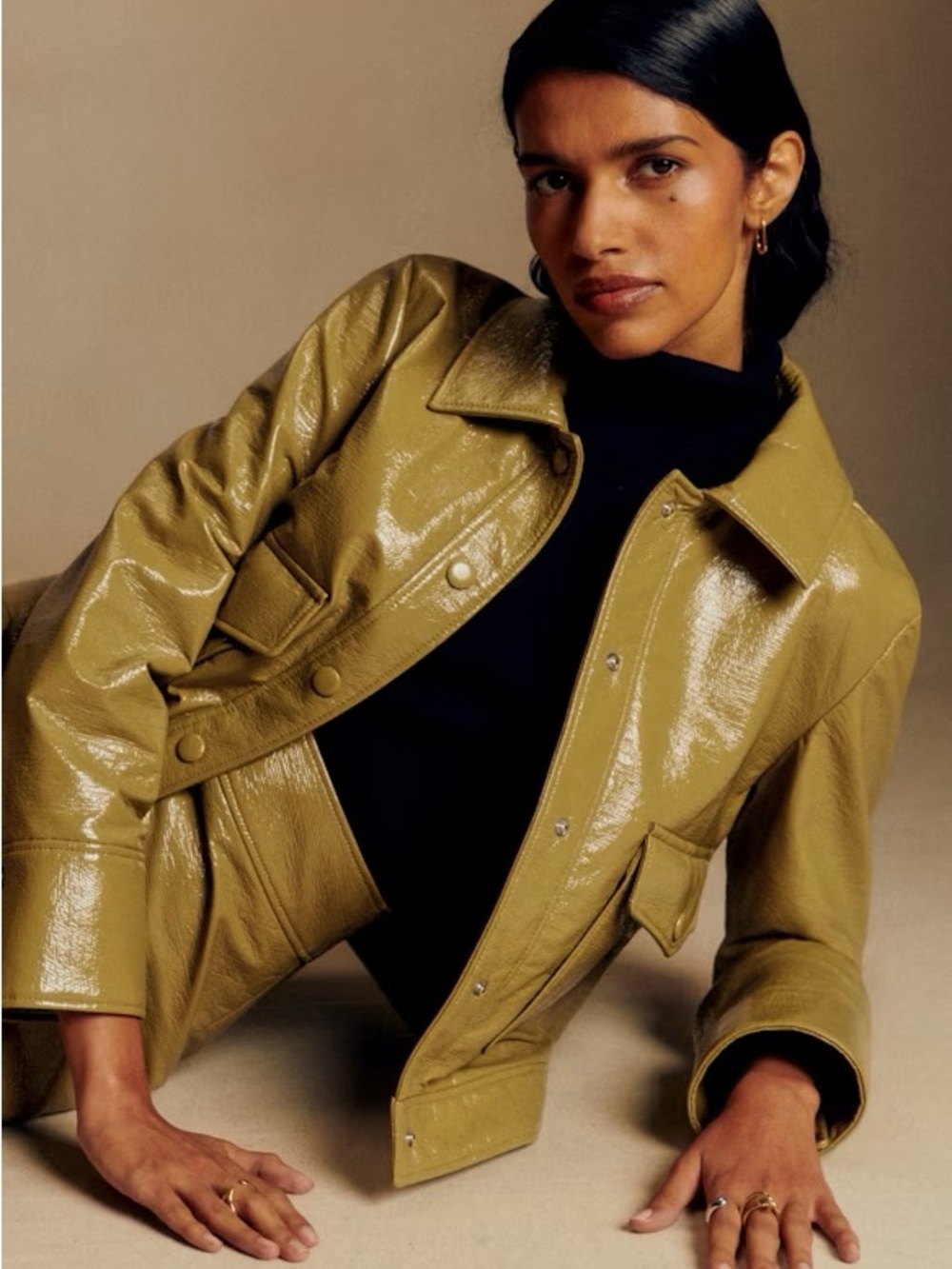 Sézane Terry Jacket in Olive Green Vinyl, Size 34 (US 2) (Glossy Chartreuse)